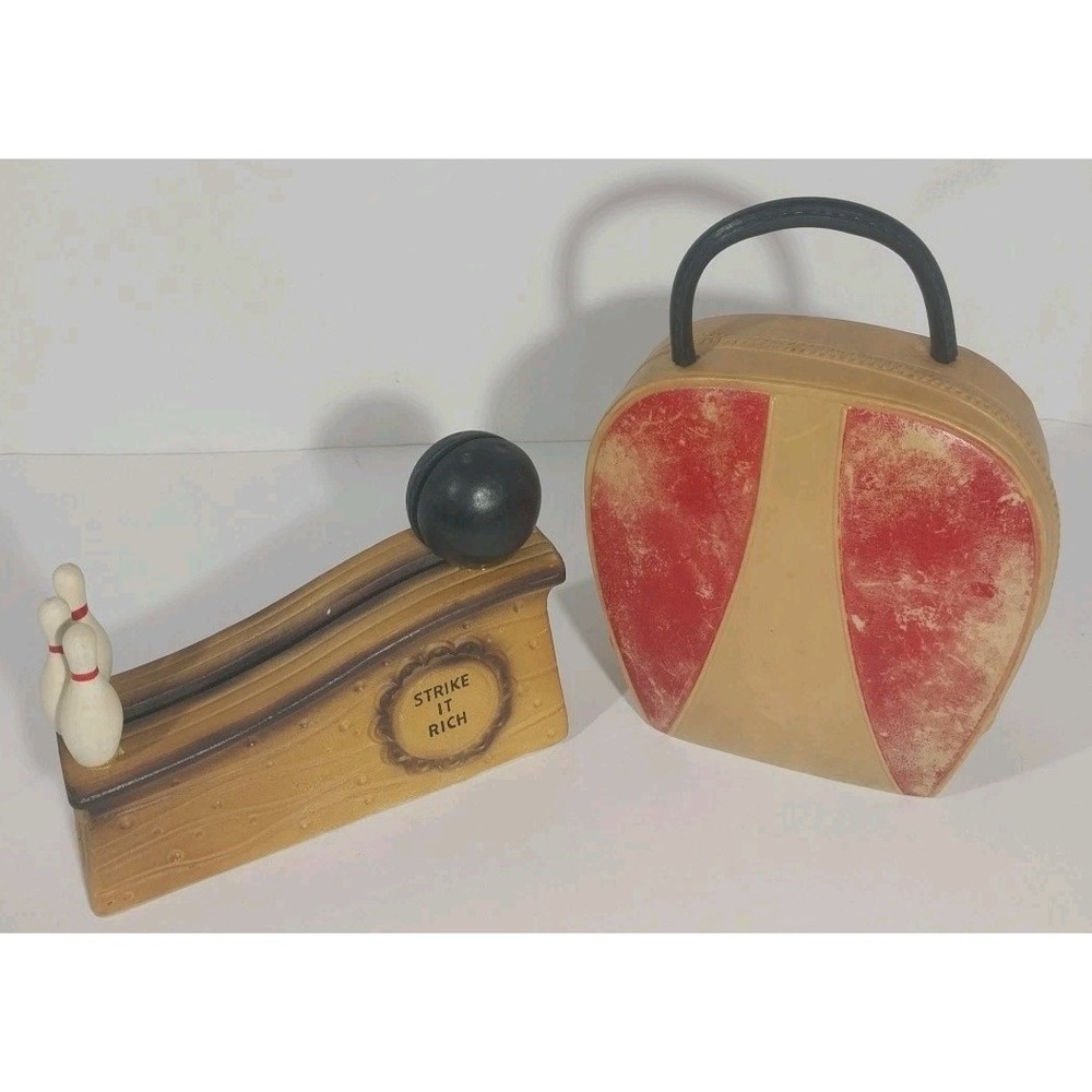 Vintage 1960s Mafco Bowling Bank Set Ceramic Strike It Rich & Bowling Bag Japan